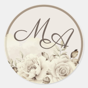 Bloemmonogram rustieke witte rozen bruiloft Sticke Ronde Sticker