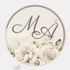 Bloemmonogram rustieke witte rozen bruiloft Sticke Ronde Sticker