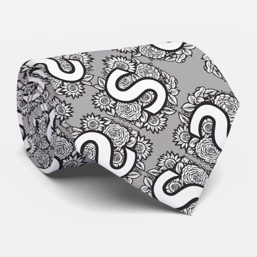 Bloemmonogram "S" Zwart-wit Tattoo Stropdas (Opgerold)