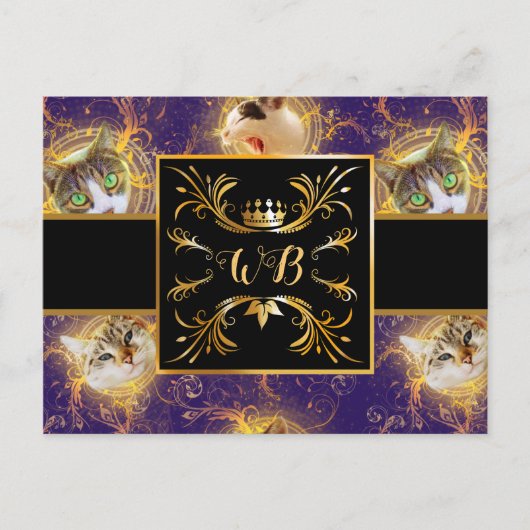 Bloemmonogram Schattigee Kat - Royal Paarse Briefkaart (Voorkant)