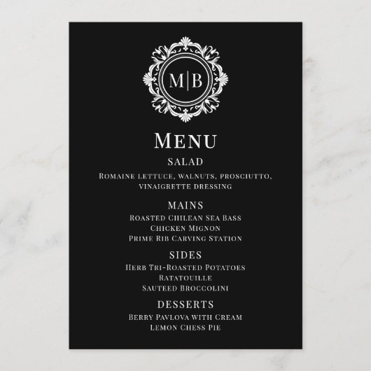  Bloemmonogram Zwart Wit Trouwmenu Menu (Voorkant)