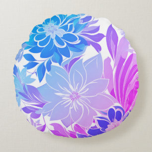 Bloemmotief, Aqua, Blauw, Paars , Roze  Rond Kussen