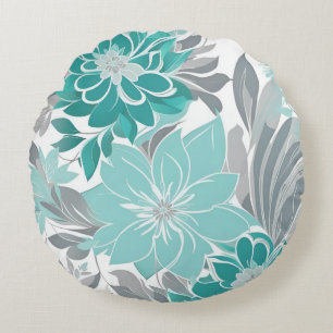 Bloemmotief, Aqua, Teal, Turquoise en Grijs Rond Kussen