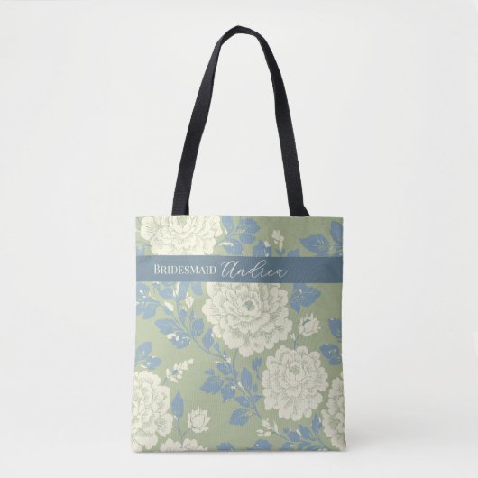 Bloemmotief Blauw Groen Blokdruk met Blauwe Streep Tote Bag (Voorkant)