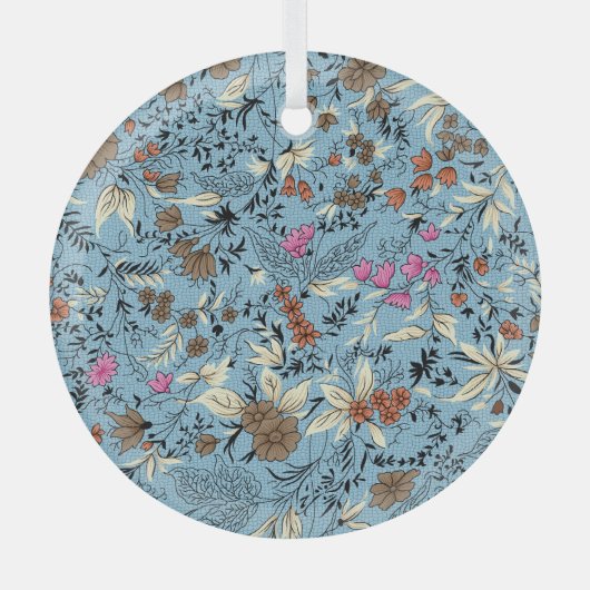  bloemmotief, blauwe achtergrond. glas ornament (Voorkant)