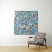 bloemmotief, blauwe achtergrond. wandkleed (In situ)