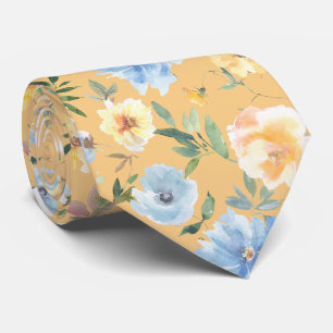 Bloemmotief blauwe en gele bloemen halsdoek das