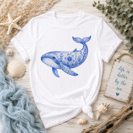 Bloemmotief Blauwe Pottenbakkerkunst Walvis T-shirt