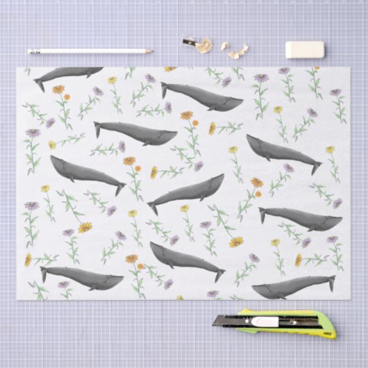 Bloemmotief Blauwe Walvis Lente Illustratie Patroo Tissuepapier (Craft)