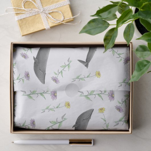 Bloemmotief Blauwe Walvis Lente Illustratie Patroo Tissuepapier (Geschenk)