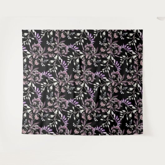 Bloemmotief Bloemen Paarse zwarte achtergrond Wandkleed (Voorkant (horizontaal))
