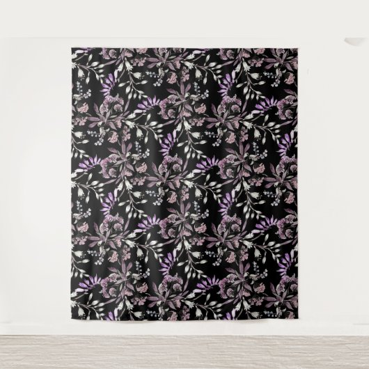 Bloemmotief Bloemen Paarse zwarte achtergrond Wandkleed (Voorkant)