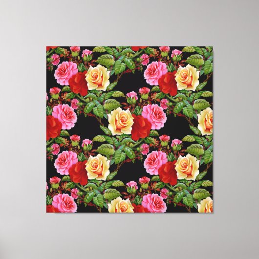 Bloemmotief Bloemen Rozen Rood Roze Geel Groen Canvas Afdruk (Voorkant)
