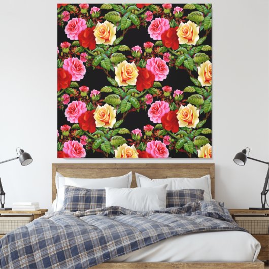 Bloemmotief Bloemen Rozen Rood Roze Geel Groen Canvas Afdruk (Insitu (Slaapkamer))