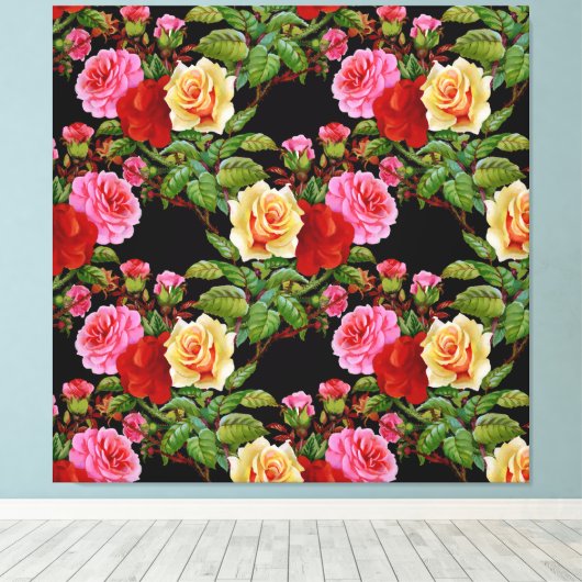 Bloemmotief Bloemen Rozen Rood Roze Geel Groen Canvas Afdruk (Insitu (Houten vloer))