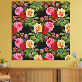 Bloemmotief Bloemen Rozen Rood Roze Geel Groen Canvas Afdruk