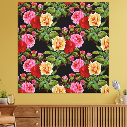 Bloemmotief Bloemen Rozen Rood Roze Geel Groen Canvas Afdruk (Insitu (Woonkamer))