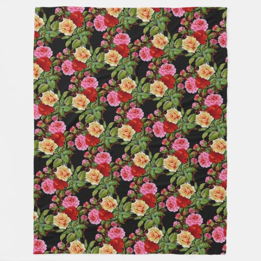 Bloemmotief Bloemen Rozen Rood Roze Geel Groen Fleece Deken (Voorkant)