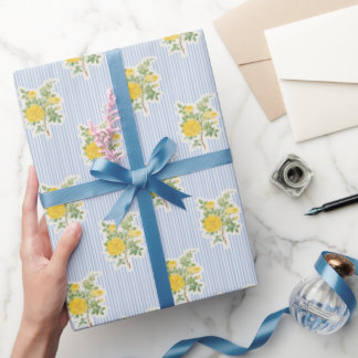 Bloemmotief Boterbloemen Blauw Strepen Patroon Cadeaupapier