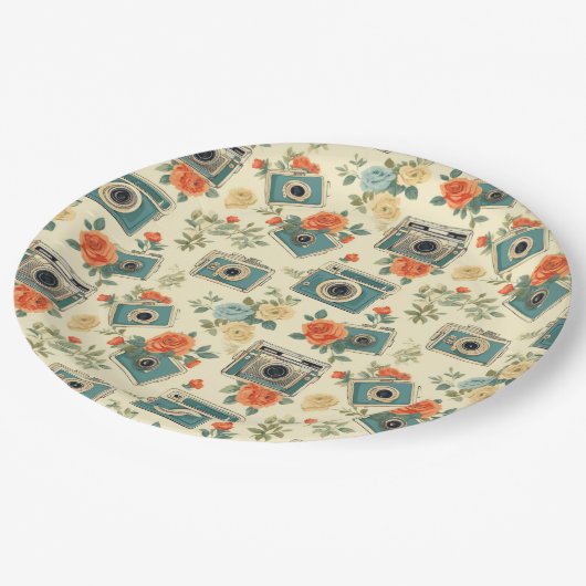  bloemmotief & camerapatroon papieren bordje (Gekanteld)