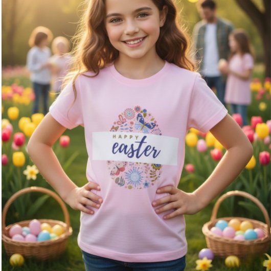 Bloemmotief Ei Gelukkig Pasen Meisjes T-Shirt