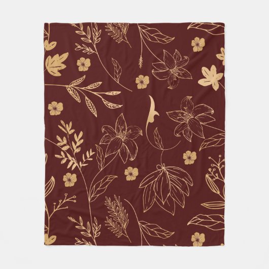  bloemmotief - Elegante Bourgogne & Goud Fleece Deken (Voorkant)
