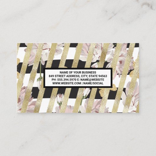 Bloemmotief en goud folie strepen visitekaartje (Achterkant)