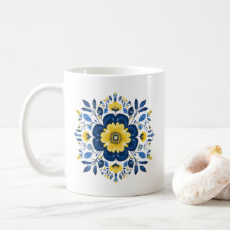 Bloemmotief in Blauwe en Gele Kleuren Koffiemok