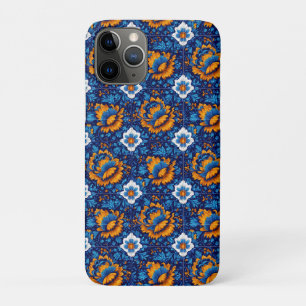 bloemmotief in blauwe en Oranje Tegels Case-Mate iPhone Case