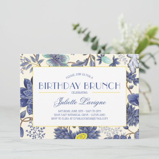 Bloemmotief in geel en blauw Uitnodiging (Staand voorkant)