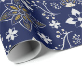 Bloemmotief in geel en wit op marineblauw cadeaupapier (Rol Hoek)