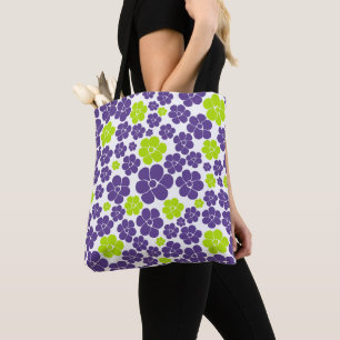 Bloemmotief in limoengroen en Paarse Tote Bag