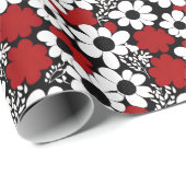  bloemmotief in rood, zwart en wit cadeaupapier (Rol Hoek)