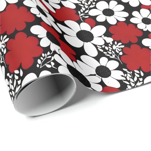  bloemmotief in rood, zwart en wit cadeaupapier (Rol Hoek)
