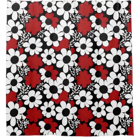 bloemmotief in rood, zwart en wit douchegordijn (Voorkant)