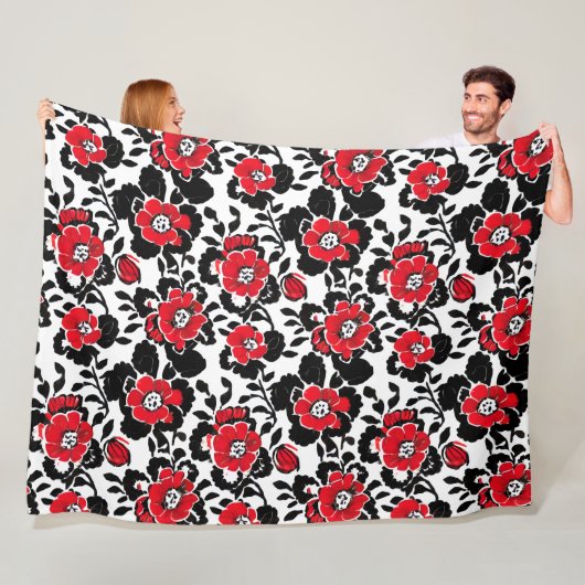  bloemmotief in rood, zwart en wit fleece deken (In situ)
