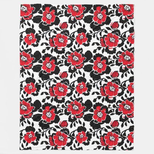 bloemmotief in rood, zwart en wit fleece deken (Voorkant)