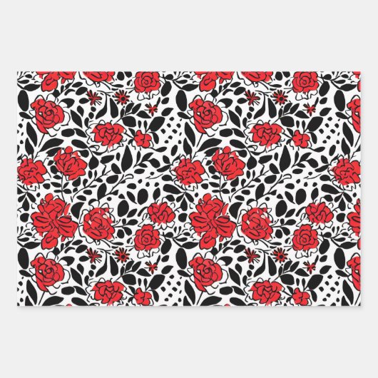 bloemmotief in rood, zwart en wit inpakpapier vel (Voorkant 3)