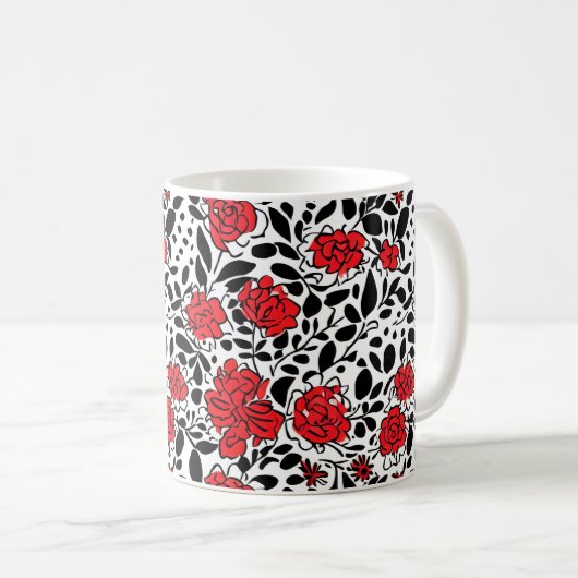  bloemmotief in rood, zwart en wit koffiemok (Voorkant rechts)