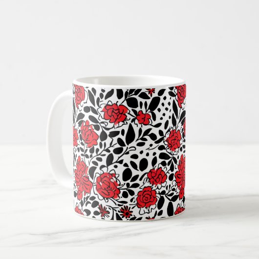  bloemmotief in rood, zwart en wit koffiemok (Voorkant links)