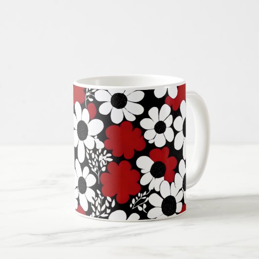  bloemmotief in rood, zwart en wit koffiemok (Voorkant rechts)