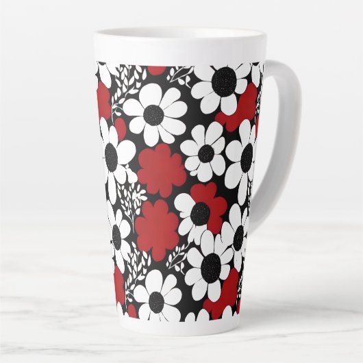  bloemmotief in rood, zwart en wit latte mok (Rechterhoek)