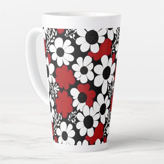  bloemmotief in rood, zwart en wit latte mok (Linkerhoek)