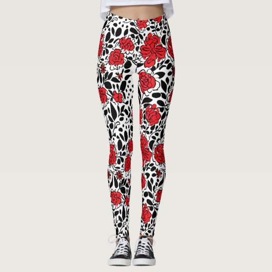  bloemmotief in rood, zwart en wit leggings (Voorkant)