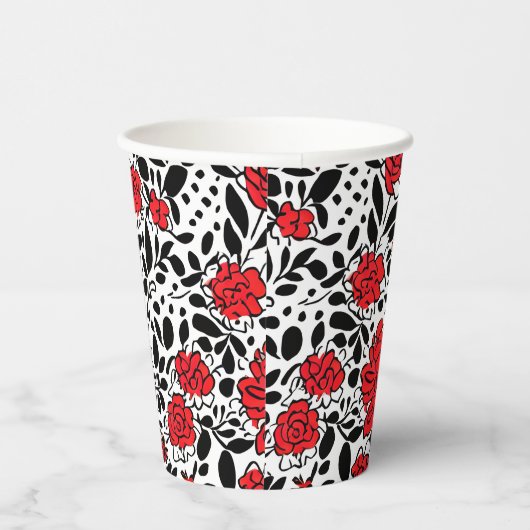 bloemmotief in rood, zwart en wit papieren bekers (Rechts)