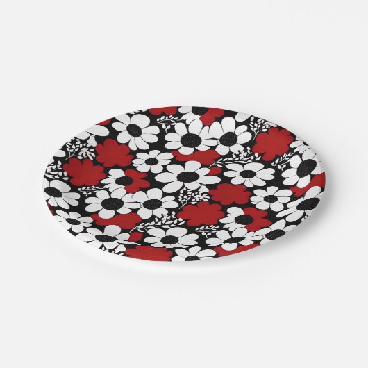  bloemmotief in rood, zwart en wit papieren bordje (Gekanteld)
