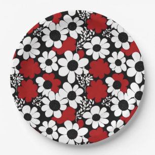  bloemmotief in rood, zwart en wit papieren bordje