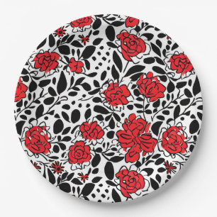  bloemmotief in rood, zwart en wit papieren bordje