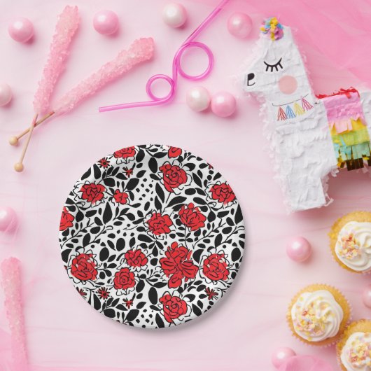  bloemmotief in rood, zwart en wit papieren bordje (Feest)