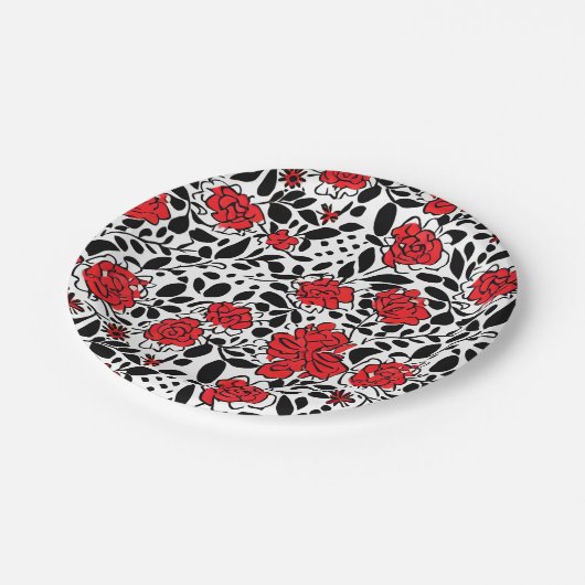  bloemmotief in rood, zwart en wit papieren bordje (Gekanteld)